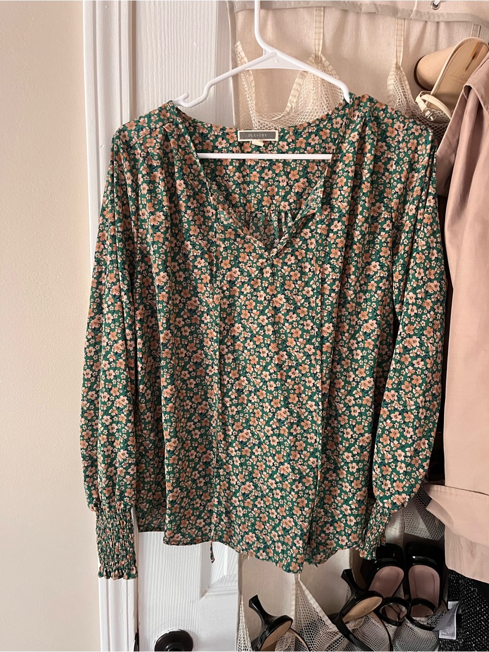 Pleione Green Floral Peasant Blouse with Peach Accents